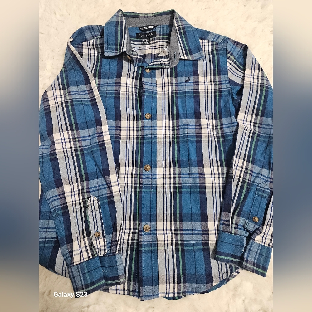Nautica Blue and White Plaid Shirt